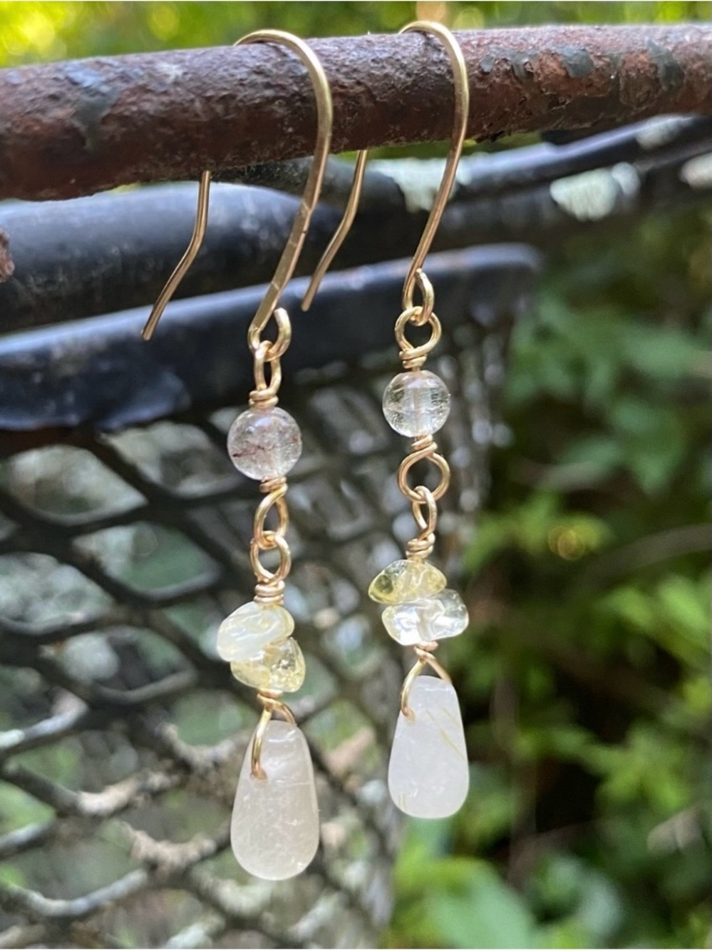 Handcrafted Gold Quartz and Citrine Drop Earrings - Picture 2 of 5